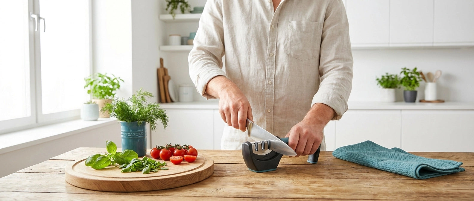 Person using a garlic press on a wooden cutting board with vegetables in a kitchen.