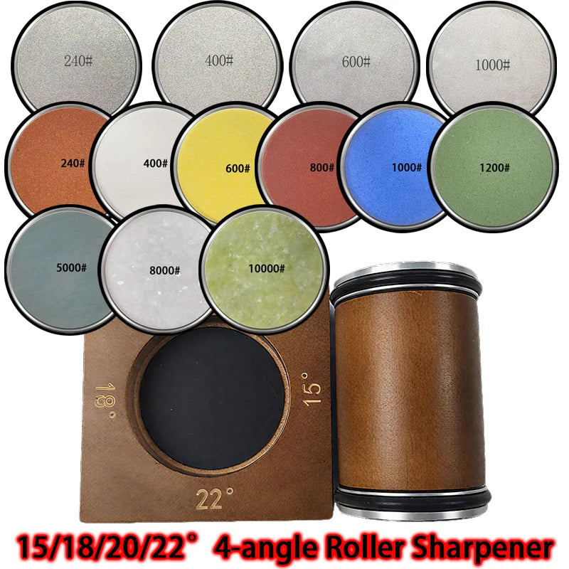 2025 Upgraded Angle Sharpener Four Angles 15/18/20/22° Fixed Angle Roller Sharpener Agate Sharpening Stone Set Diamond Whetstone