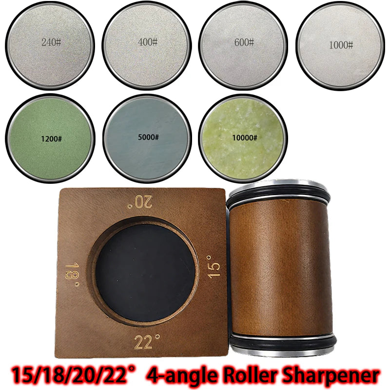 2025 Upgraded Angle Sharpener Four Angles 15/18/20/22° Fixed Angle Roller Sharpener Agate Sharpening Stone Set Diamond Whetstone