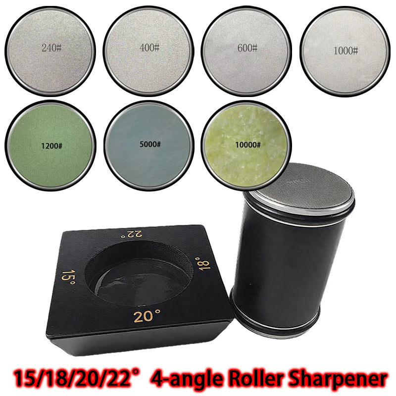 2025 Upgraded Angle Sharpener Four Angles 15/18/20/22° Fixed Angle Roller Sharpener Agate Sharpening Stone Set Diamond Whetstone