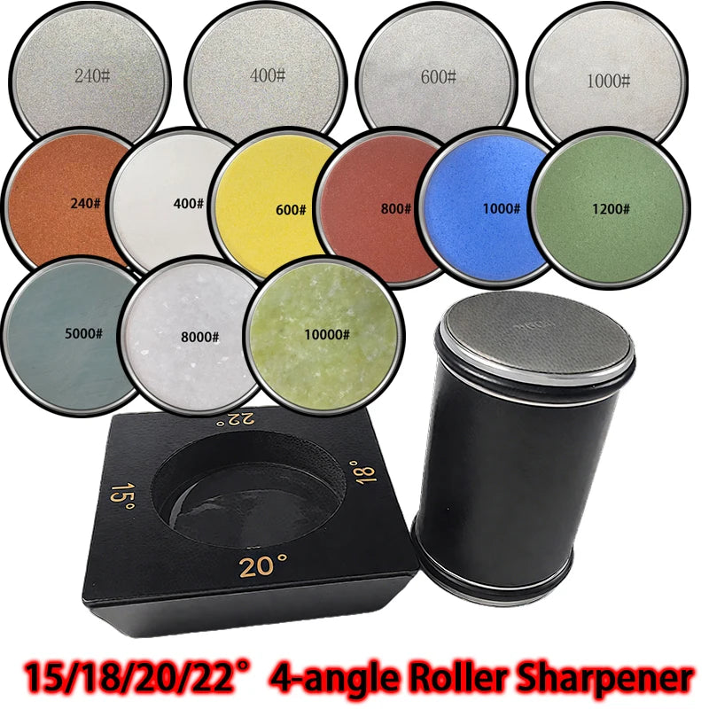 2025 Upgraded Angle Sharpener Four Angles 15/18/20/22° Fixed Angle Roller Sharpener Agate Sharpening Stone Set Diamond Whetstone