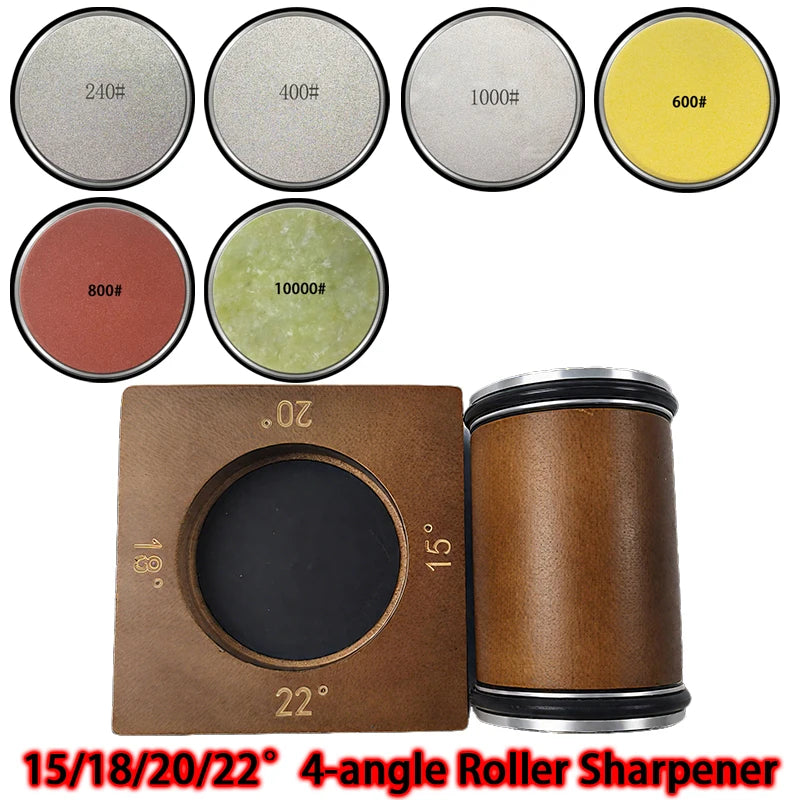 2025 Upgraded Angle Sharpener Four Angles 15/18/20/22° Fixed Angle Roller Sharpener Agate Sharpening Stone Set Diamond Whetstone