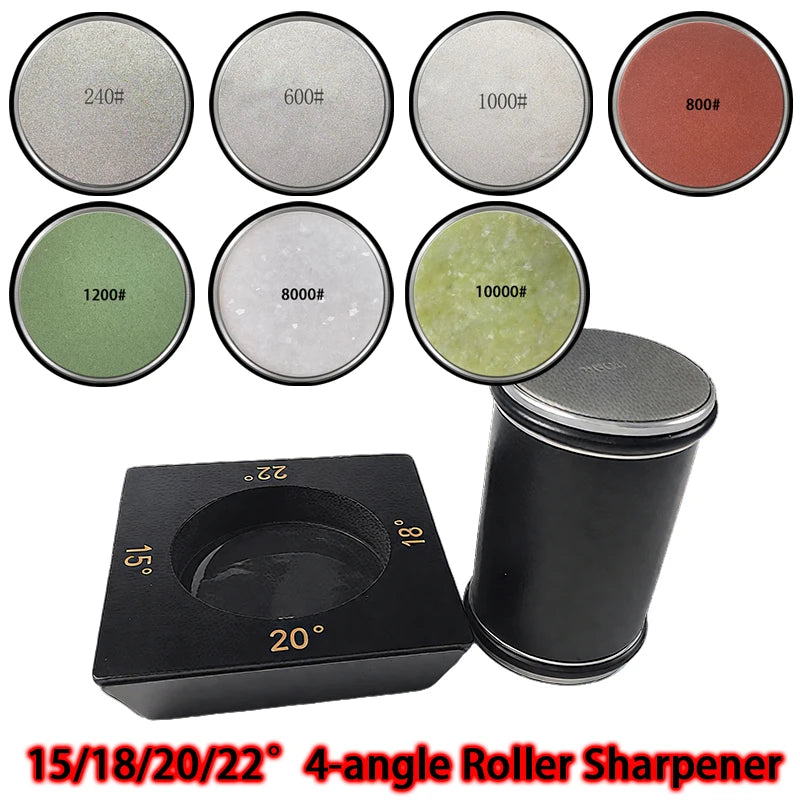 2025 Upgraded Angle Sharpener Four Angles 15/18/20/22° Fixed Angle Roller Sharpener Agate Sharpening Stone Set Diamond Whetstone