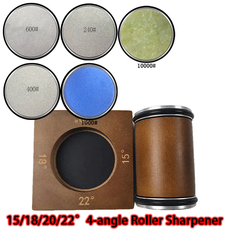2025 Upgraded Angle Sharpener Four Angles 15/18/20/22° Fixed Angle Roller Sharpener Agate Sharpening Stone Set Diamond Whetstone