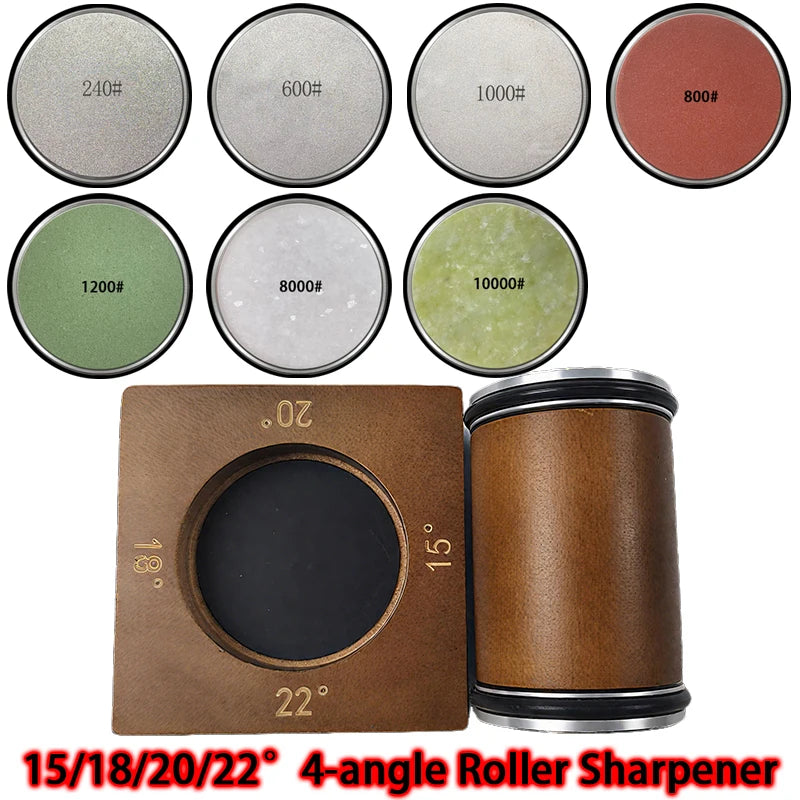 2025 Upgraded Angle Sharpener Four Angles 15/18/20/22° Fixed Angle Roller Sharpener Agate Sharpening Stone Set Diamond Whetstone